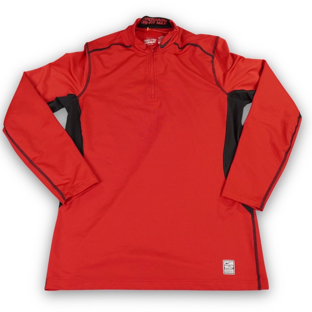 Nike Pro Combat Jacket Mens Large Red Black Sweater Fitted Hyperwarm Quarter Zip
